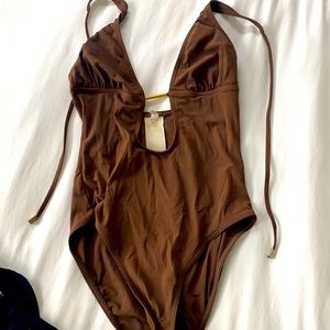 Michael kors swim one piece brown gold V low cut
